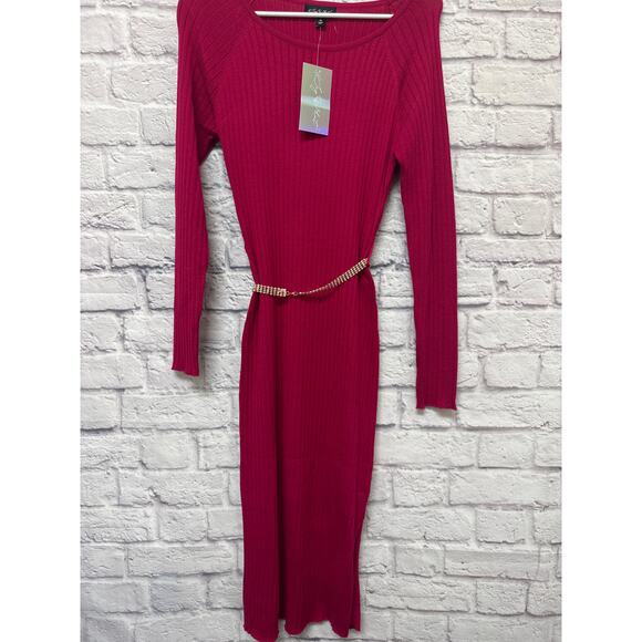 Say What Fushia Pink Midi Bodycon Ribbed Sweater Dress Rhinestone Belt SZ XL NWT - Picture 1 of 5